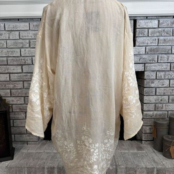 Boutique lightweight gauzy embroidered cream beachy coverup kaftan OS Large - Picture 9 of 13